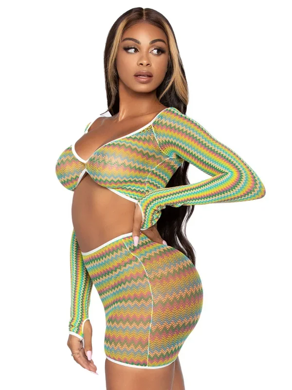 2 Pc Green Zig Zag Net Crop Top and Mini Dress Lingerie Set