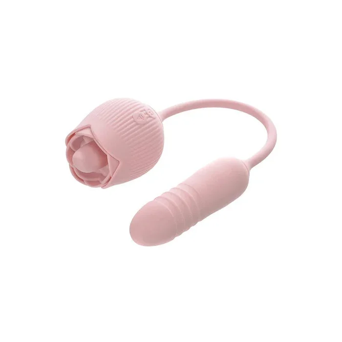Adam & Eve THRUST & TICKLE Rose Vibrator – Pink USB Rechargeable Flickering Rose Stimulator with Thrusting Bullet