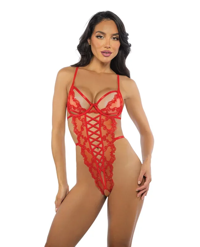 Baroque Heart Embroidered Lace Teddy – Red