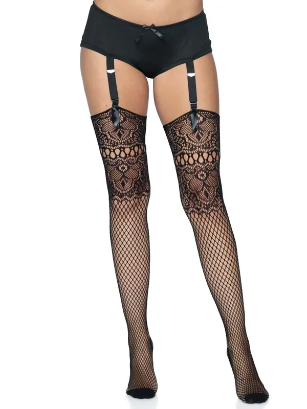 Black Floral Lace Top Fishnet Thigh High Stockings with Backseam One Size