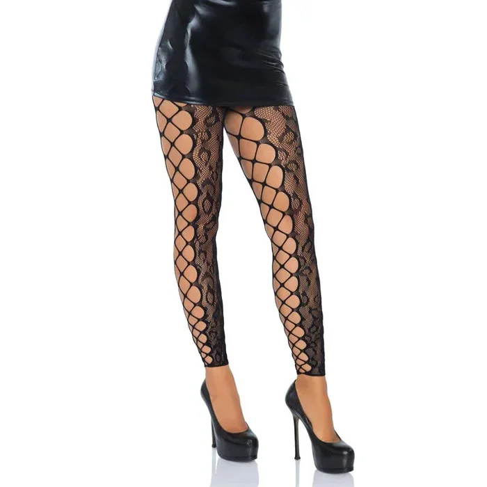Black Leopard Lace Crotchless Tights One Size