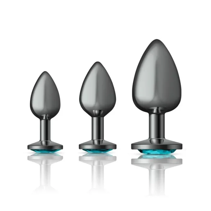 Cheeky Charms Round Metal Butt Plug Gunmetal Three Piece Kit with Teal Jewel