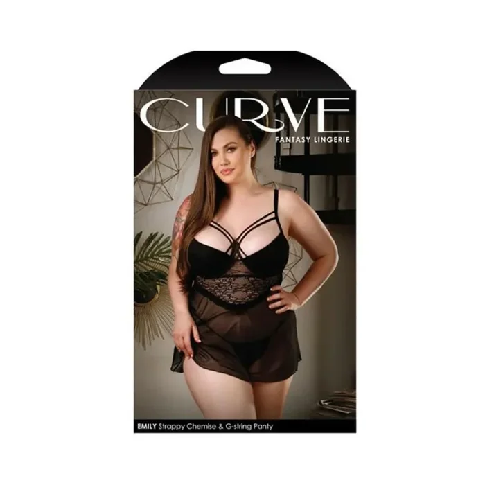Curve Emily Strappy Chemise With Molded Cups & G-string Black 3x/4x