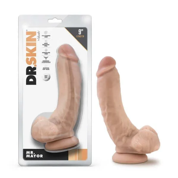 Dr. Skin Mr. Mayor 9-Inch Dildo with Balls Beige Light Skin Tone – Realistic, Suction Cup