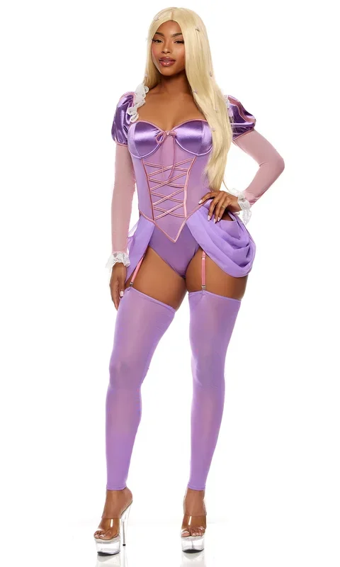 Enchanting Purple Princess Fantasy Costume: Elegant Satin Bodysuit & Accessories