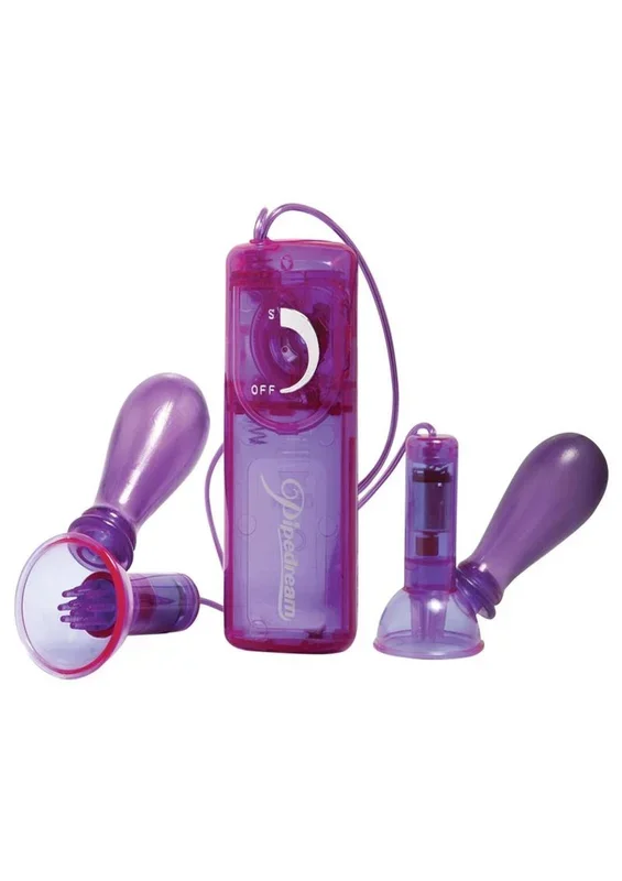 Fetish Fantasy Series Vibrating Nipple Pumps with Wired Remote Control – Purple