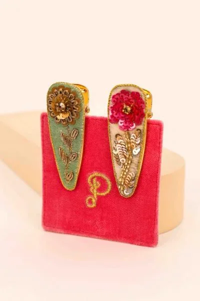 Jeweled Zinnia Hair Clips – Bubblegum/Sage