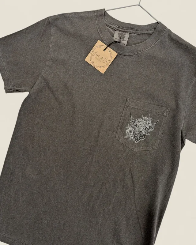 June & Co Designs, Highland Cow Pocket Tee