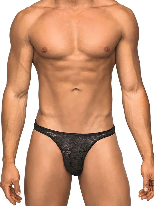 Male Power Stretch Lace Bong Thong in Black Small Medium