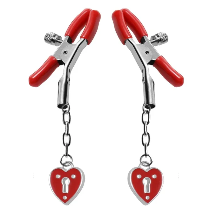 Master Series Captive Heart Padlock Nipple Clamps Red Silver