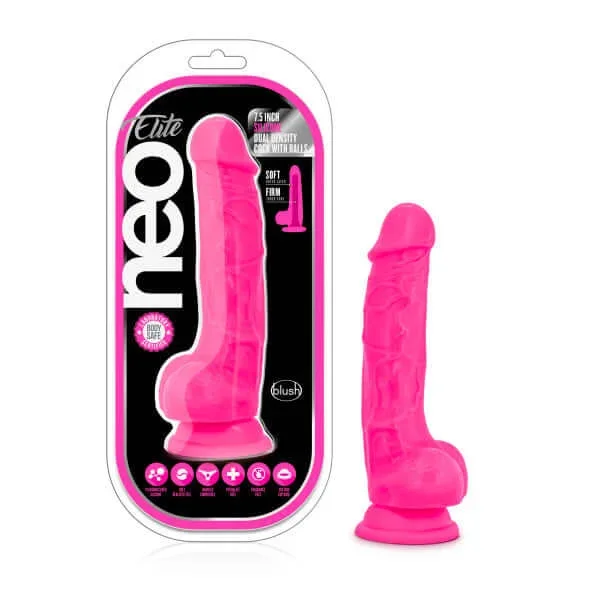 Neo Elite 7.5 inches Dual Density Cock with Balls Neon Pink