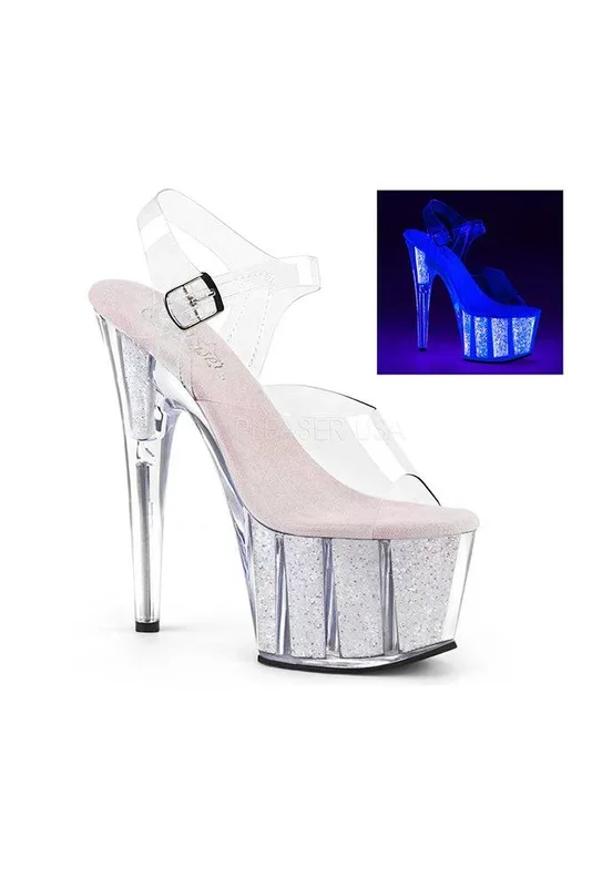Pleaser USA – Adore 7″ Stiletto UV Glow Patform Sandal w/ Ankle Strap – Silver
