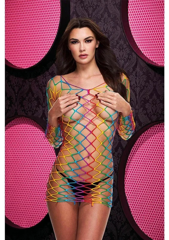Rainbow Fishnet Mini Dress Lingerie One Size Flirty Wear