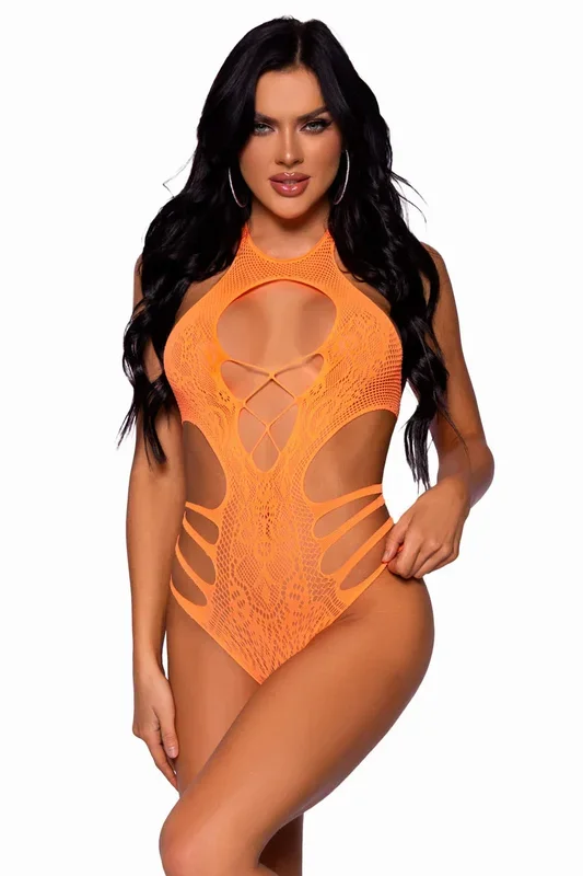 Seamless Lace Cut Out Strappy Bodysuit, Neon Orange, One Size