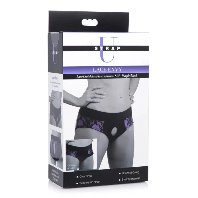 Strap U Lace Envy Black and Purple Crotchless Panty Harness – S/M