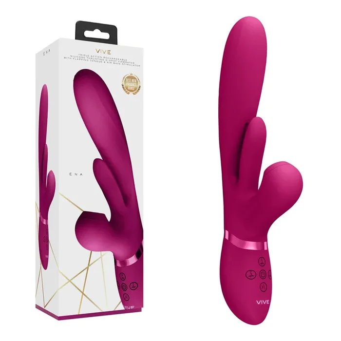VIVE Ena – Pink – Pink 25 cm USB Rechargeable Thrusting Vibrator with Air Wave Stimulator