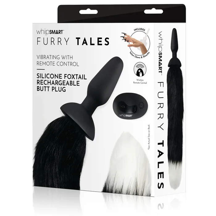 WhipSmart Furry Tales Silicone Foxtail Rechargeable Butt Plug – Black 9.5 cm Vibrating Butt Plug with Black Fox Tail & Remote Control