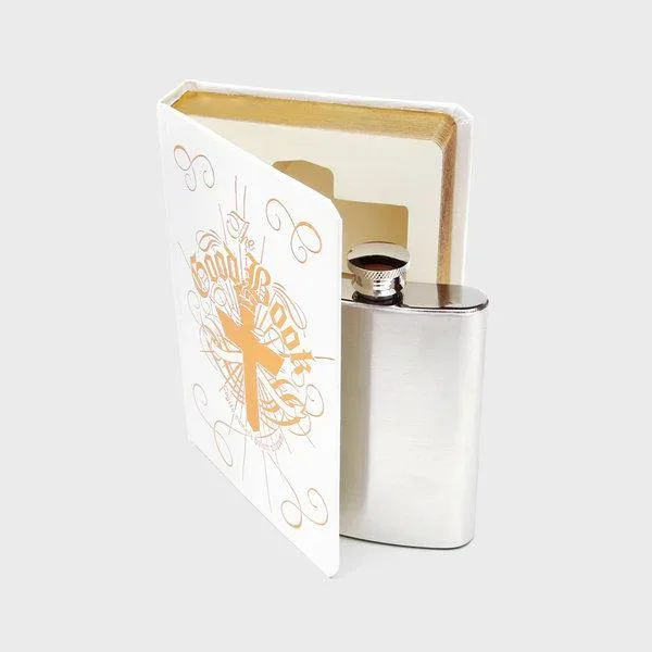 White “Good Book” Flask in a Book
