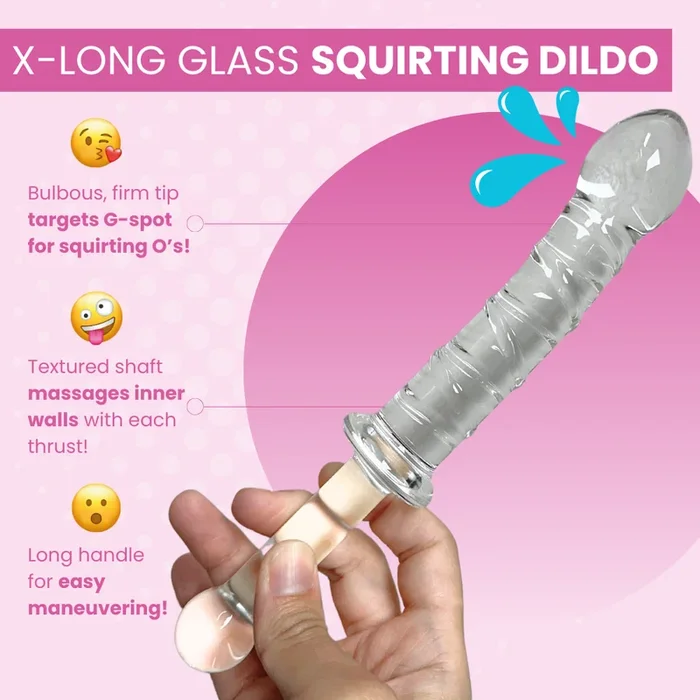 X-Long Textured Glass Dildo With Handle